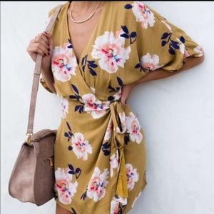Mustard floral wrap dress from Vici
